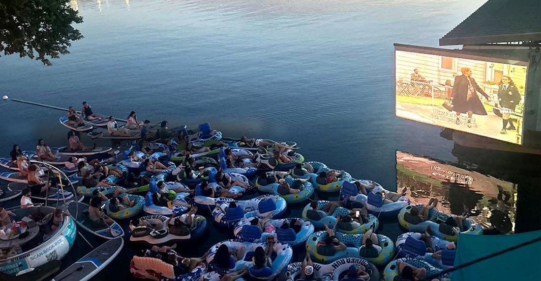 A film on the big screen over the lake